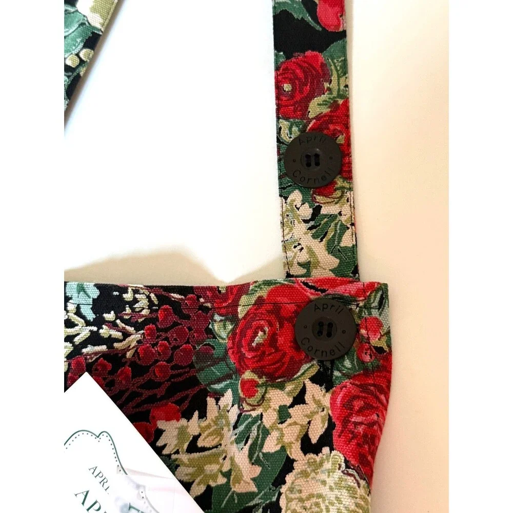 April Cornell Chef Apron Christmas Merry Black French Country Floral 100% Cotton
